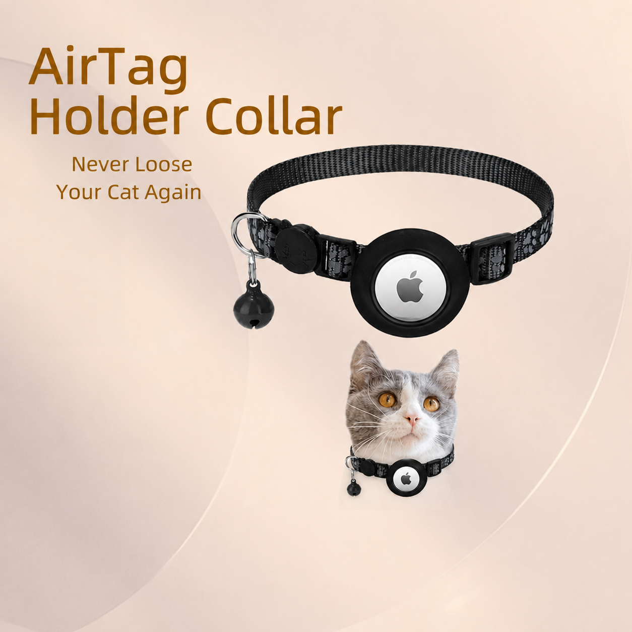 Black pet collar with an Apple AirTag holder, shown with a cat head graphic wearing the collar. The text reads 'AirTag Holder Collar' and 'Never Loose Your Cat Again'.