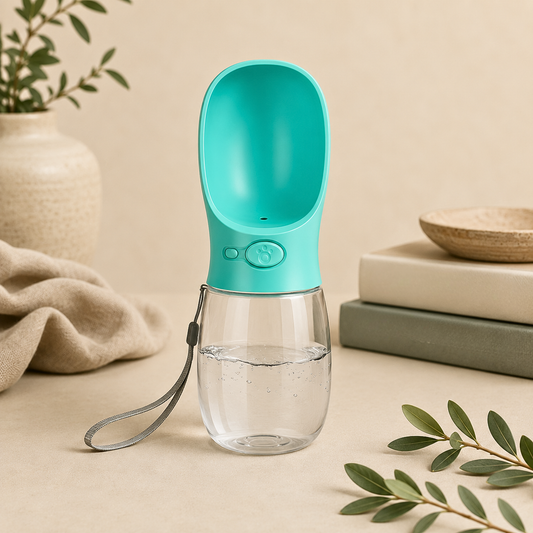 A turquoise pet water bottle with a clear glass water chamber and a gray wrist strap, styled on a beige surface with books, a vase, and greenery in the background.