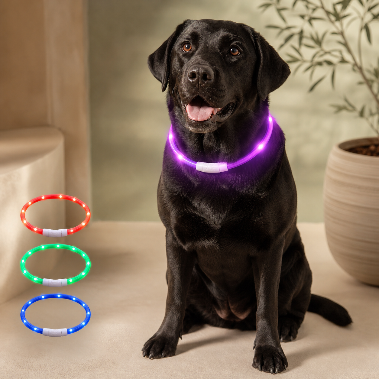 A black dog wearing a glowing purple LED collar, with three smaller LED collar color options shown on the left against a warm indoor background with a potted plant.
