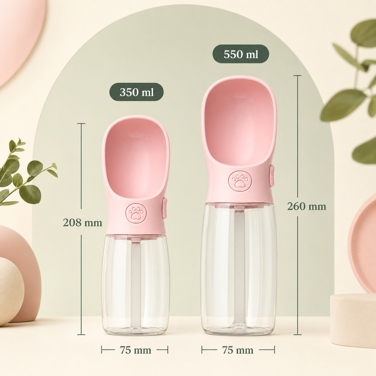 Two pink pet water bottles with clear plastic bodies and measurement labels showing 350 ml and 550 ml capacities, 208 mm and 260 mm heights, and 75 mm bottle widths, set against a soft beige and pale green background with decorative plants and pastel props.