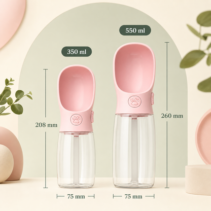 Two pink pet water bottles with clear plastic bodies and measurement labels showing 350 ml and 550 ml capacities, 208 mm and 260 mm heights, and 75 mm bottle widths, set against a soft beige and pale green background with decorative plants and pastel props.